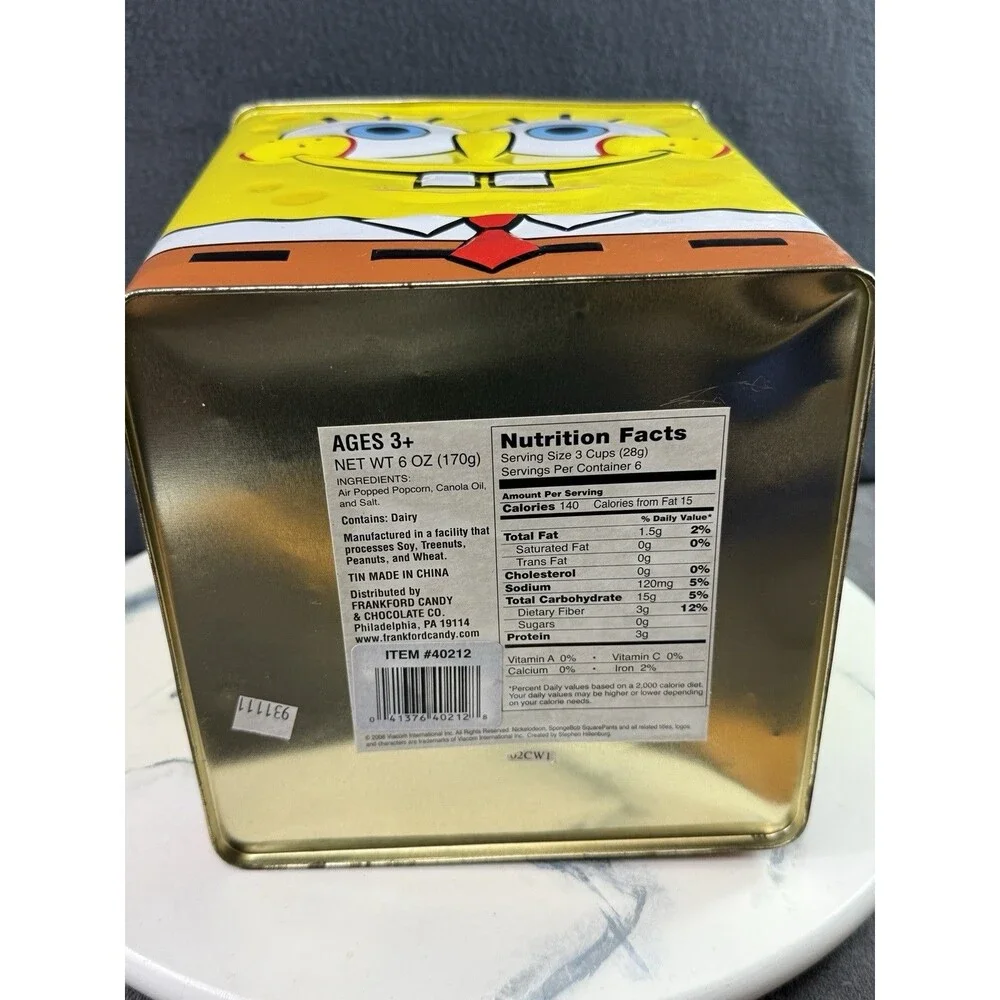 Vintage 2008 SpongeBob SquarePants Popcorn Tin Large Metal Storage Bin Decor